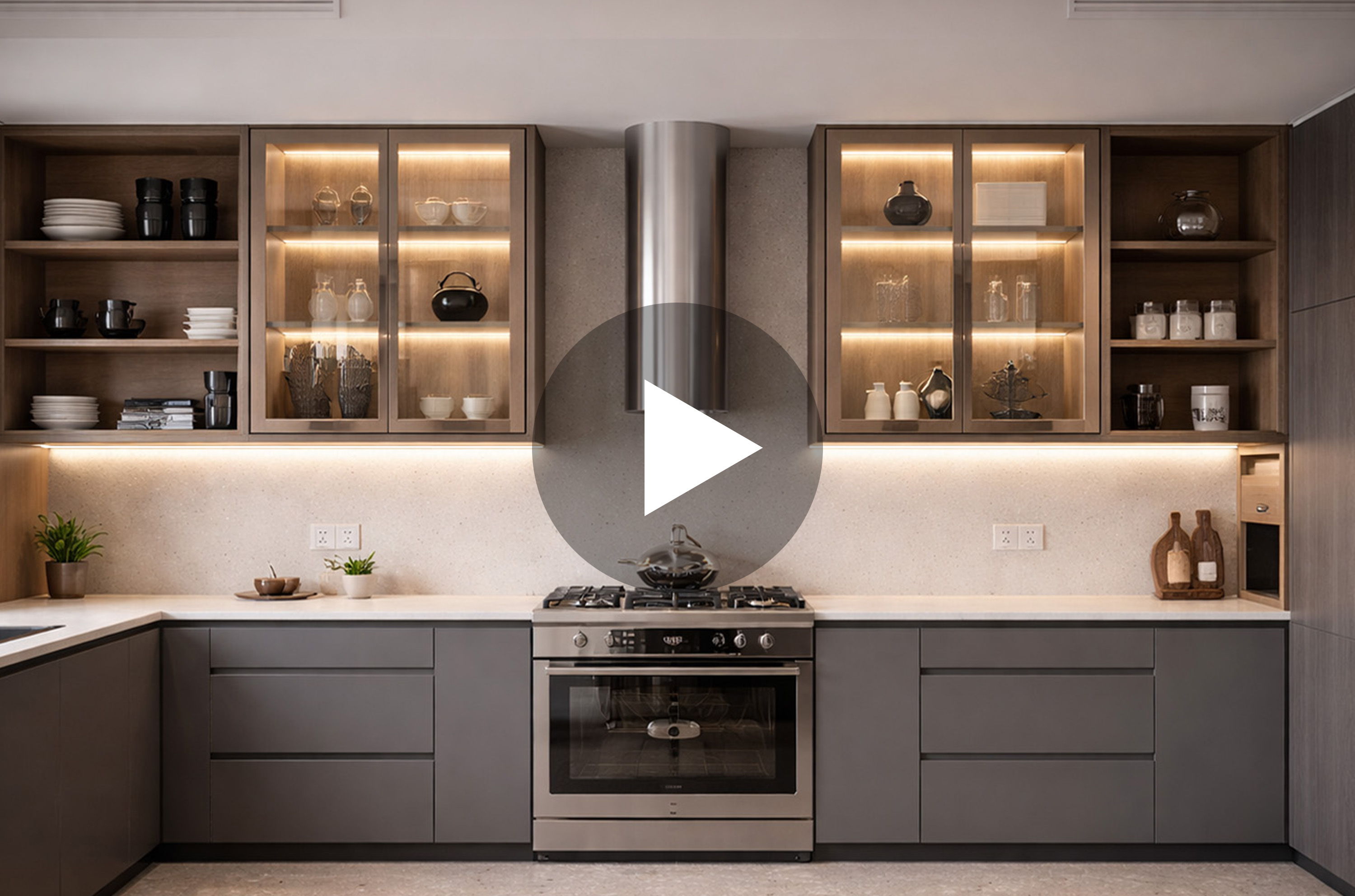 Modern kitchen with wooden shelves, gas stove, and decorative items.