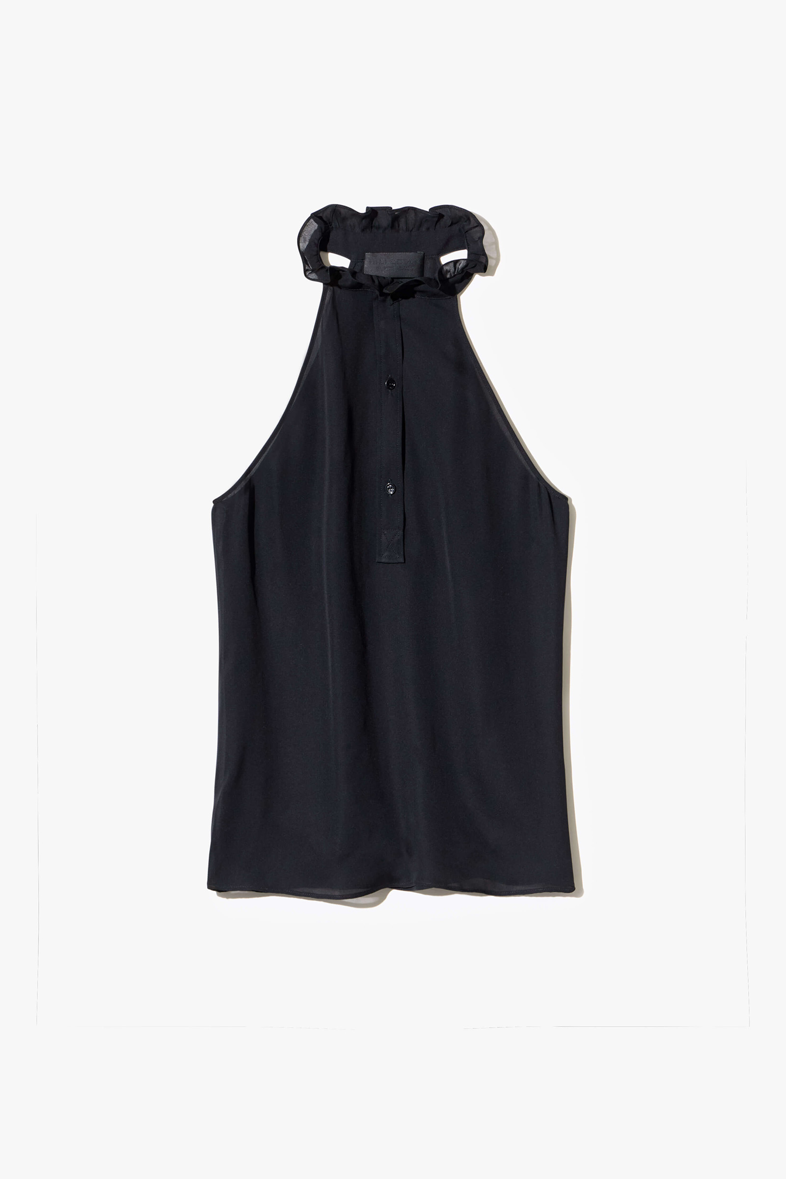 Black halter top with gathered neckline and a button closure.