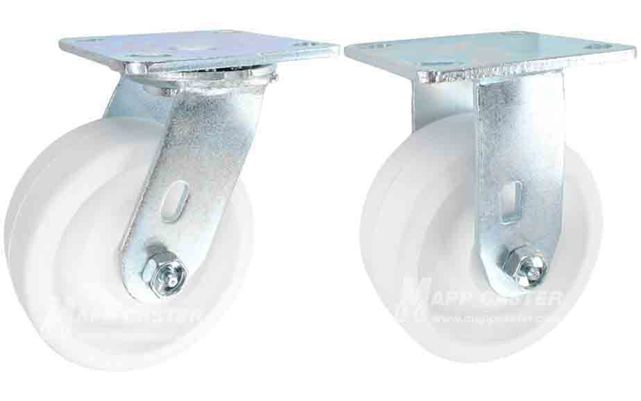 Food industry standard caster wheel. Made white to bring out the dirt & contaminates. Water, chemical, most acid, oil, grease, blood & brine resistant.