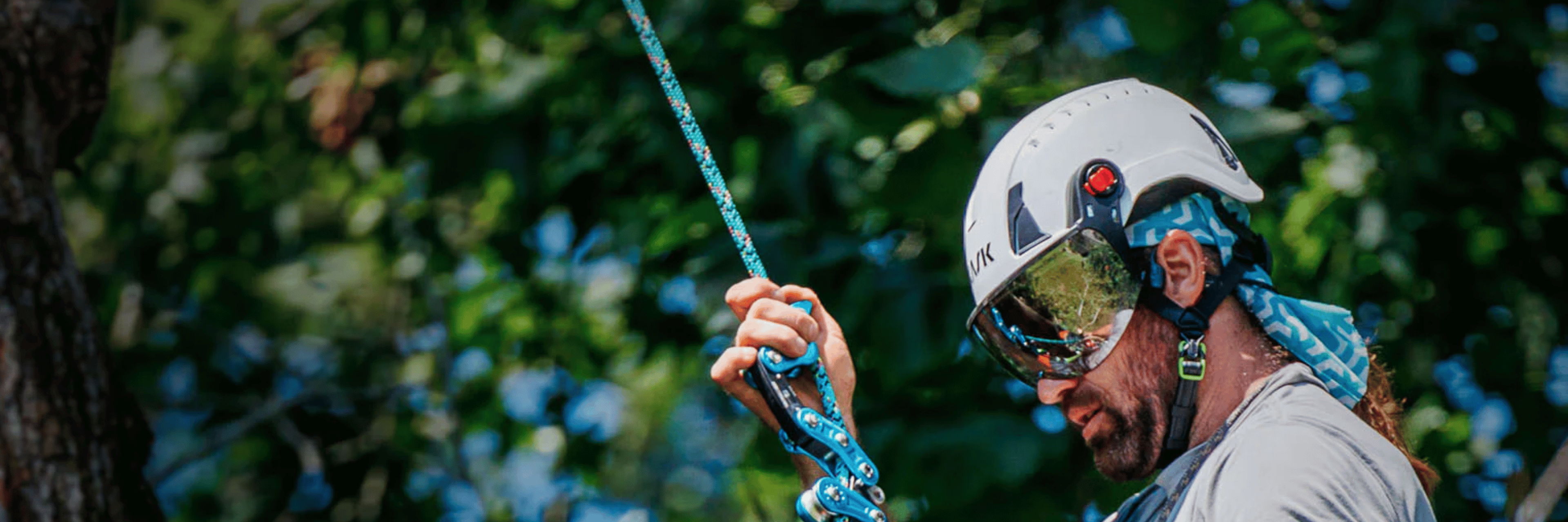 Person wearing a helmet and goggles, holding a rope in a forested area.