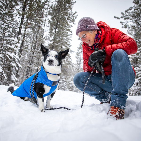 Person kneeling beside a dog in a snowy forest.