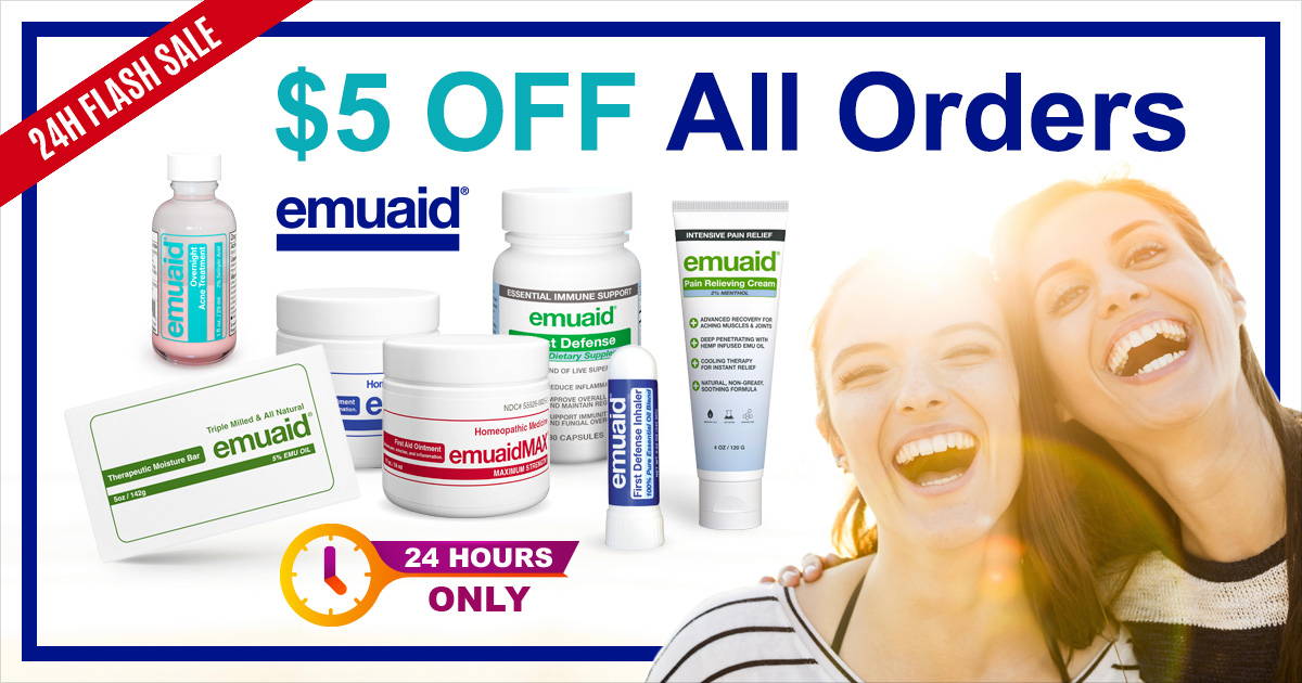 A picture of Emuaid products with 2 laughing women