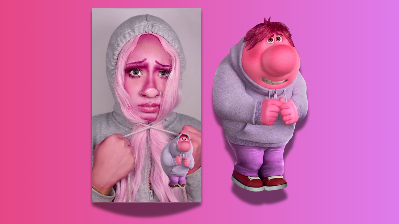 Cosplayer beside Embarrassment illustration from Inside Out 2, showcasing cosplay costume comparison with oversized hoodie and pastel character design