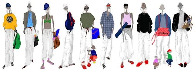 Fashion illustration featuring diverse models in stylish outfits.