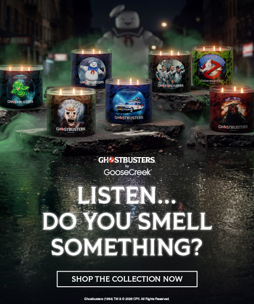 Candles featuring Ghostbusters characters with a promotional message.