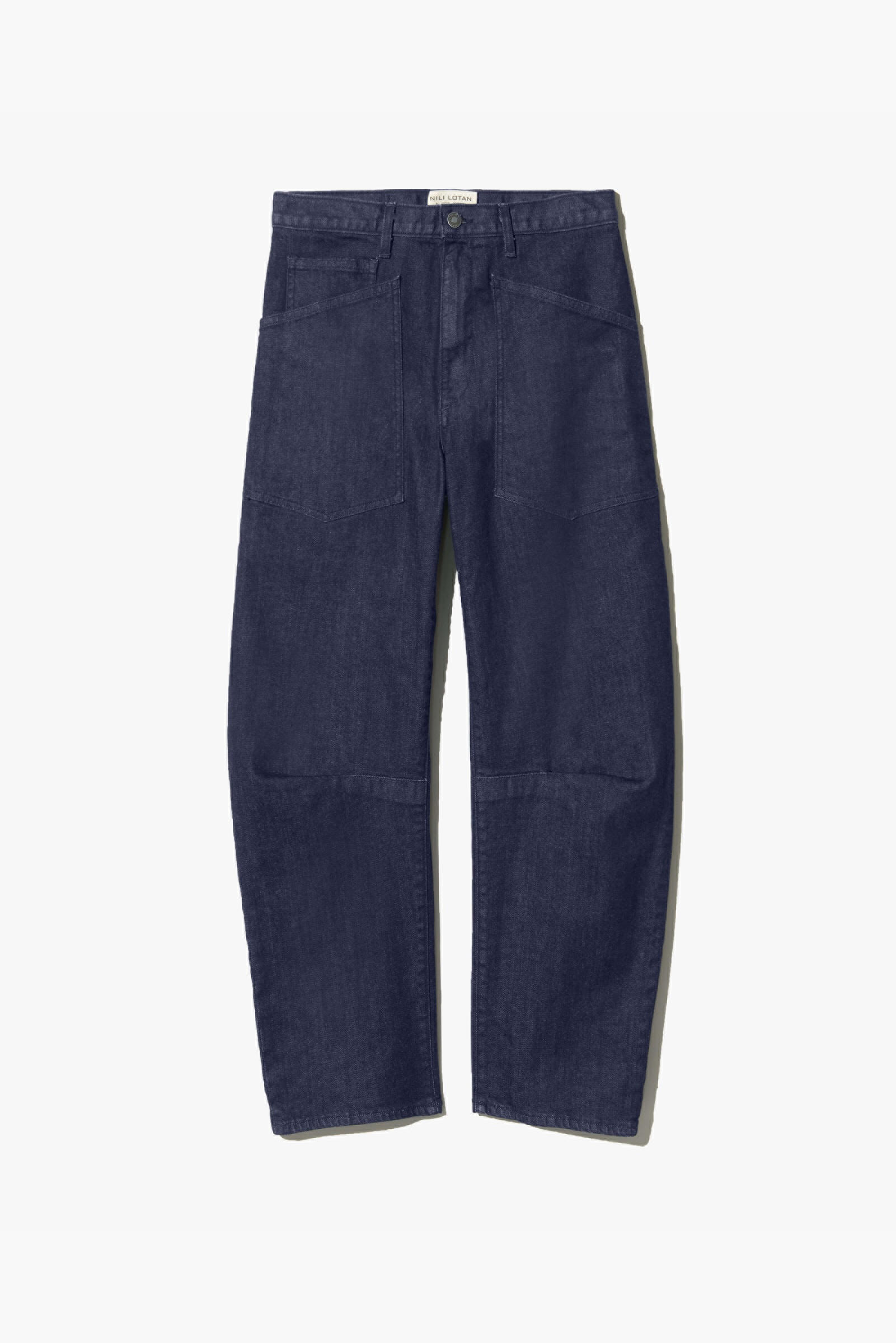 A pair of dark blue denim jeans laid flat.