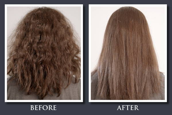 before and after image of real woman that used at-home keratin treatment