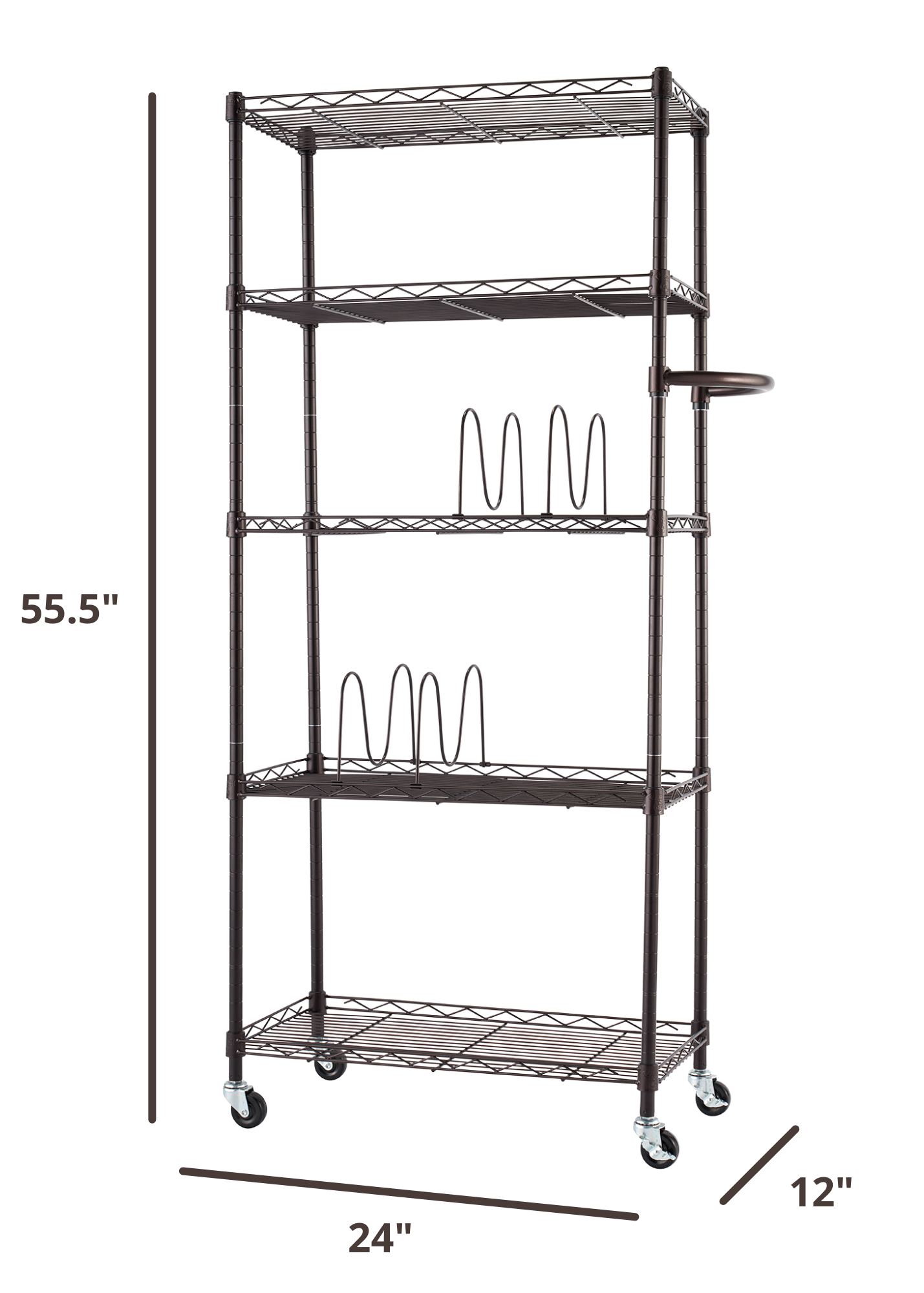 55 inches tall by 24 inches wide by 12 inches deep pantry rack