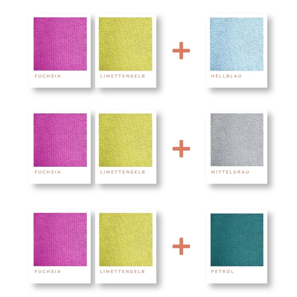 Farben kombinieren Fuchsia und Limettengrün mit Hellblau, Mittelgrau und Petrol.