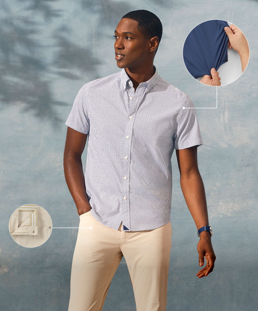 Man wearing a short-sleeve button-up shirt with fabric details highlighted.