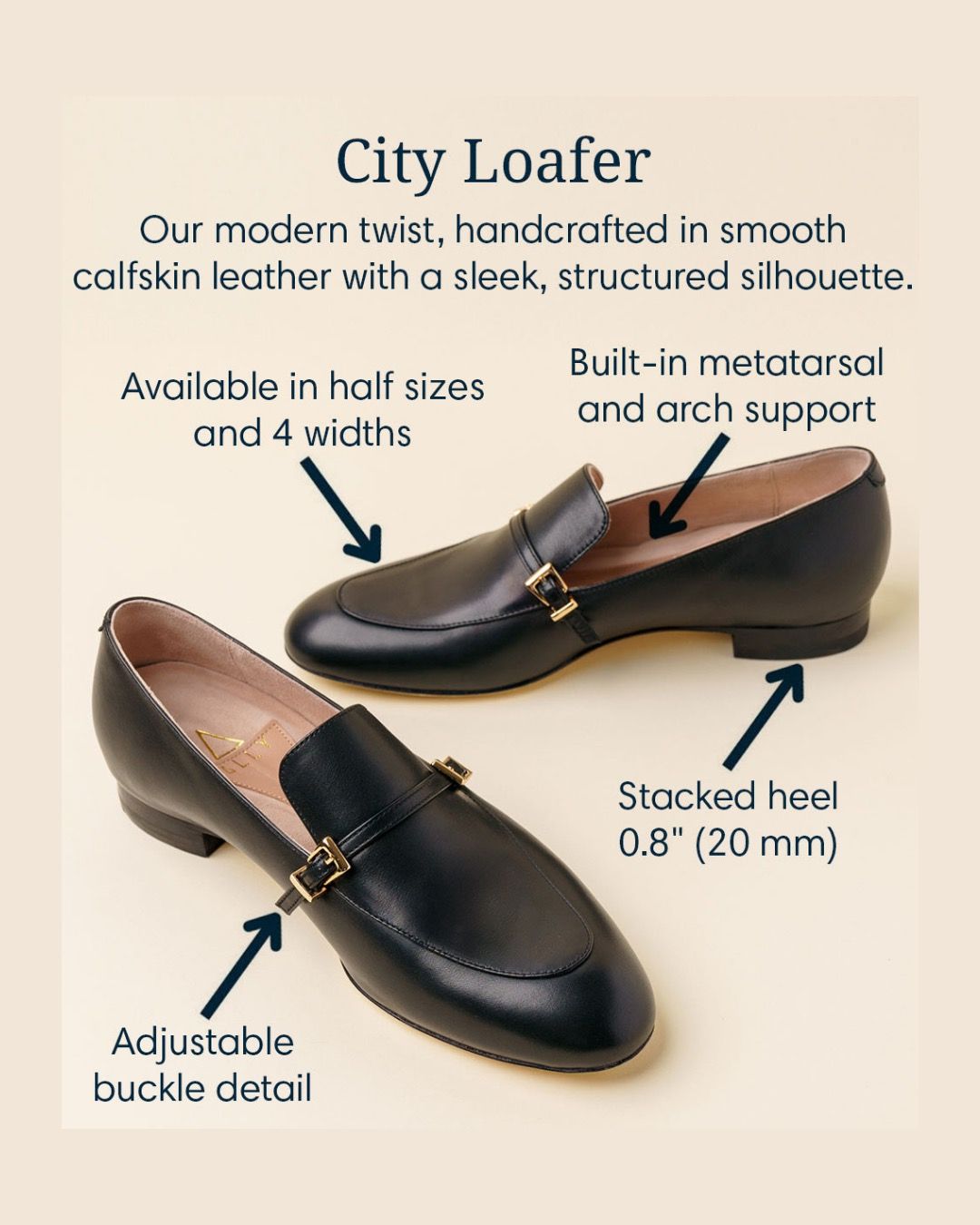 Black leather loafers with adjustable buckle, stacked heel, and arch support details.
