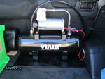 Viair compressor black air tank wooden base trunk carpet Frank's Toyota Yaris Shocker XL onboard air gallery photo 2