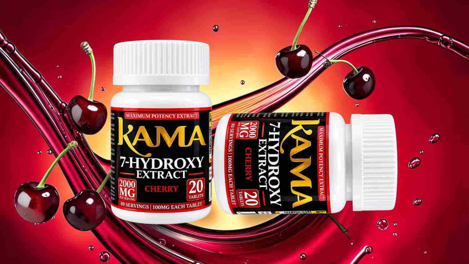 Two bottles of KAMA Hydroxy Extract with cherries background.