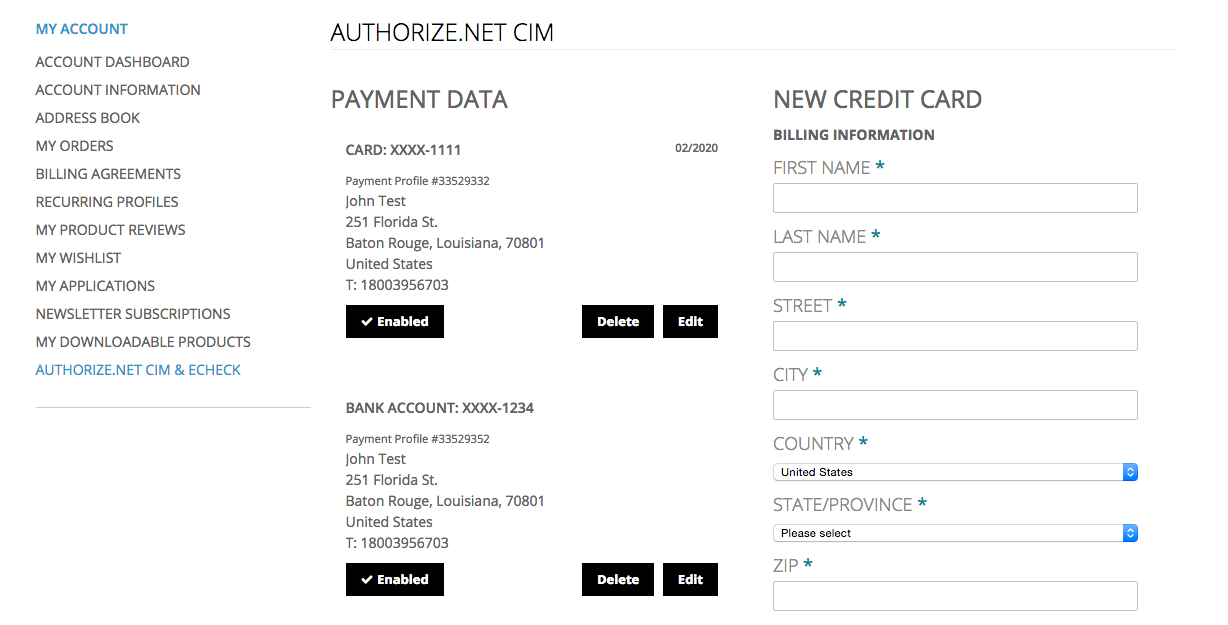 Authorize.Net Secure Save Creadit Cards & Bank Accounts
