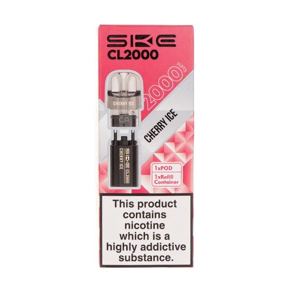 SKE CL2000 vape packaging with cherry ice flavor and warning about nicotine.
