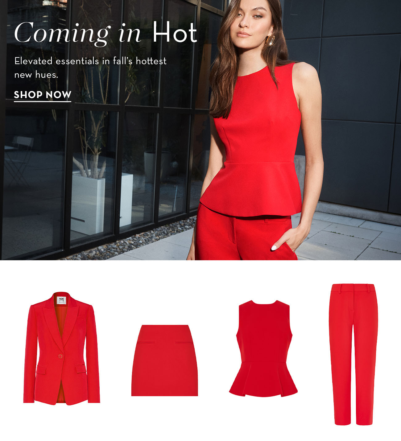 Model in red outfit with clothing items displayed below.