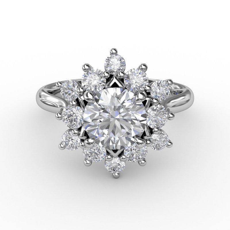 white gold engagement ring with scalloped halo