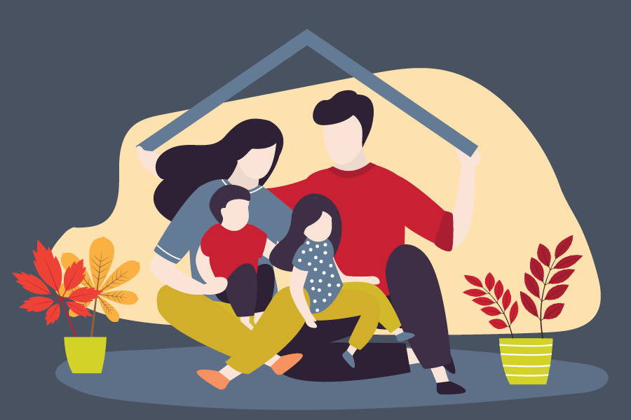 vector image of a family gathered underneath a roof