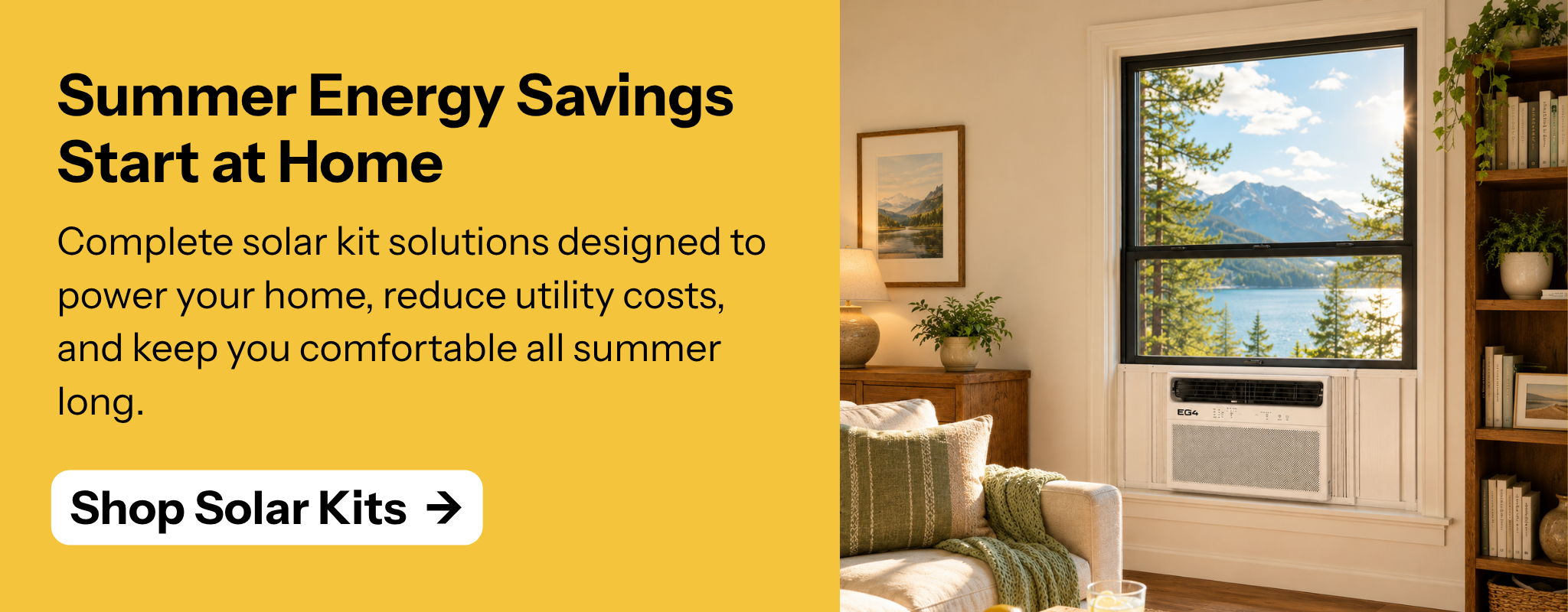 Summer energy savings solutions for home comfort and reduced utility costs showing EG4 Hybrid Solar Window Unit. Shop solar kits.