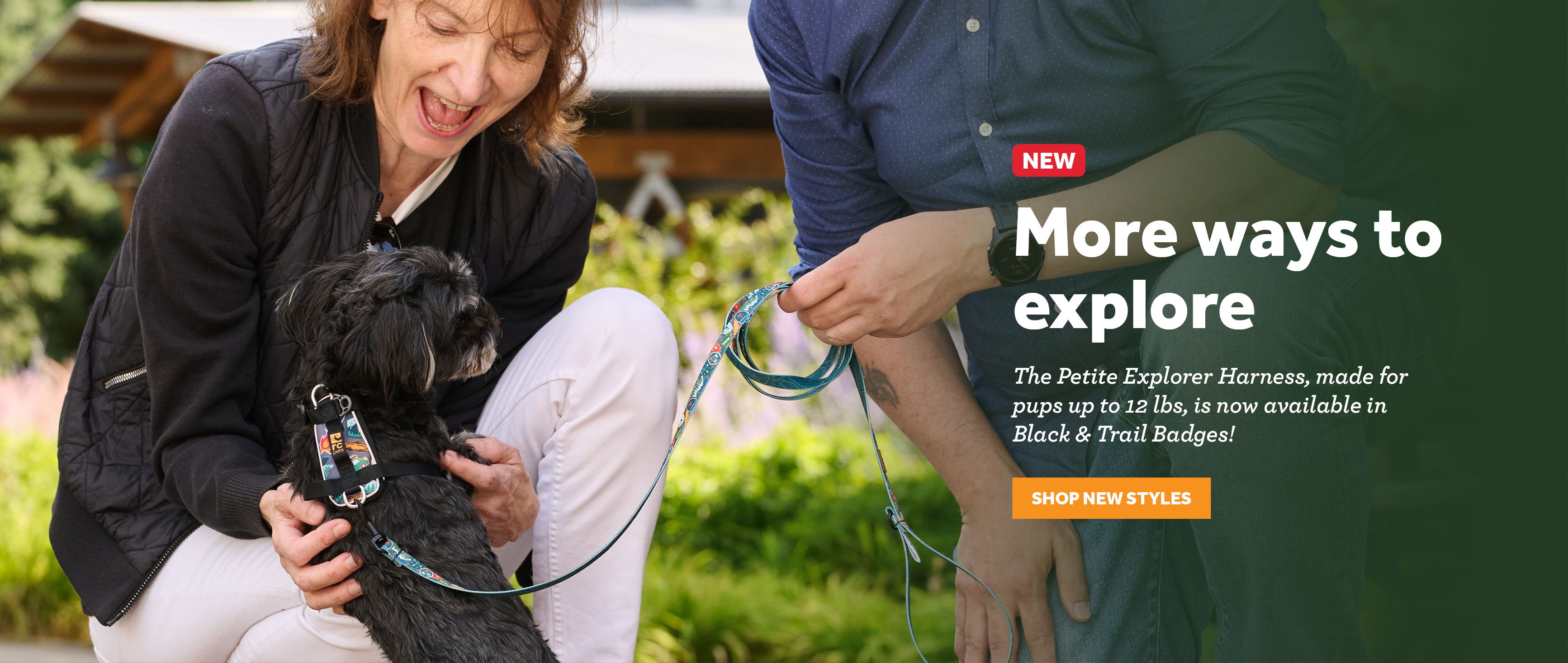 Woman interacting with a dog outdoors, promoting exploration and activities.