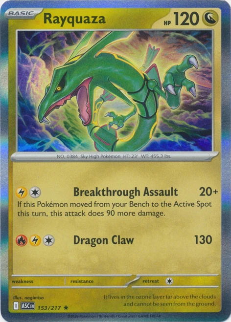 Rayquaza Pokémon card with attacks Breakthrough Assault and Dragon Claw.