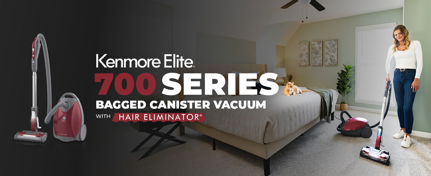 Kenmore Elite 700 Series bagged canister vacuum in a home setting.