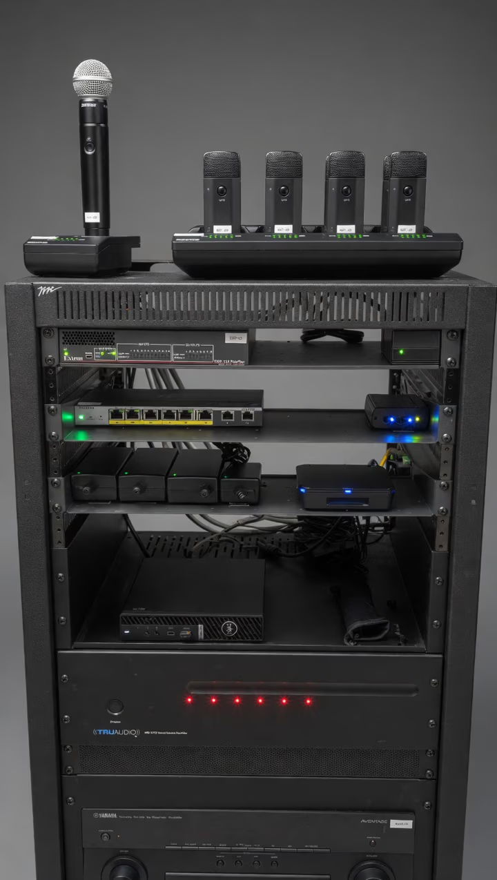 Audio equipment rack with microphones and various electronic devices.
