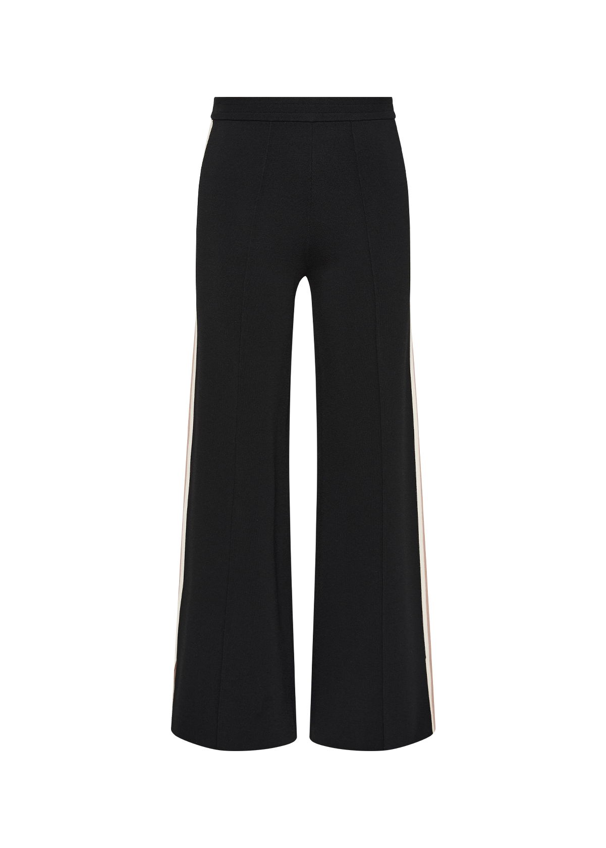 Black wide-leg pants with a comfortable waistband and side detailing.