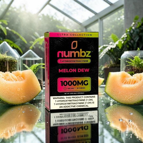 Packaging of Numbz Melon Dew with cantaloupe in the background.