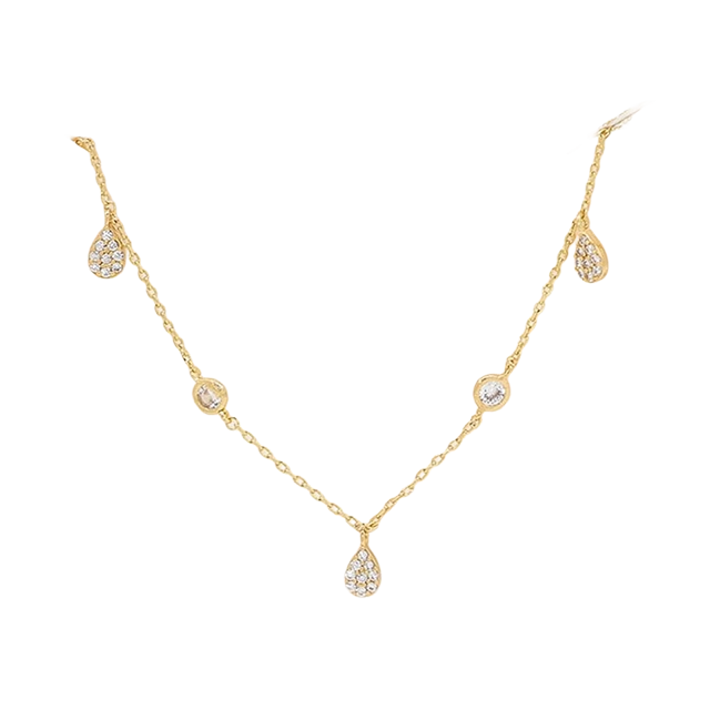 Gold necklace with teardrop and circular diamond accents.