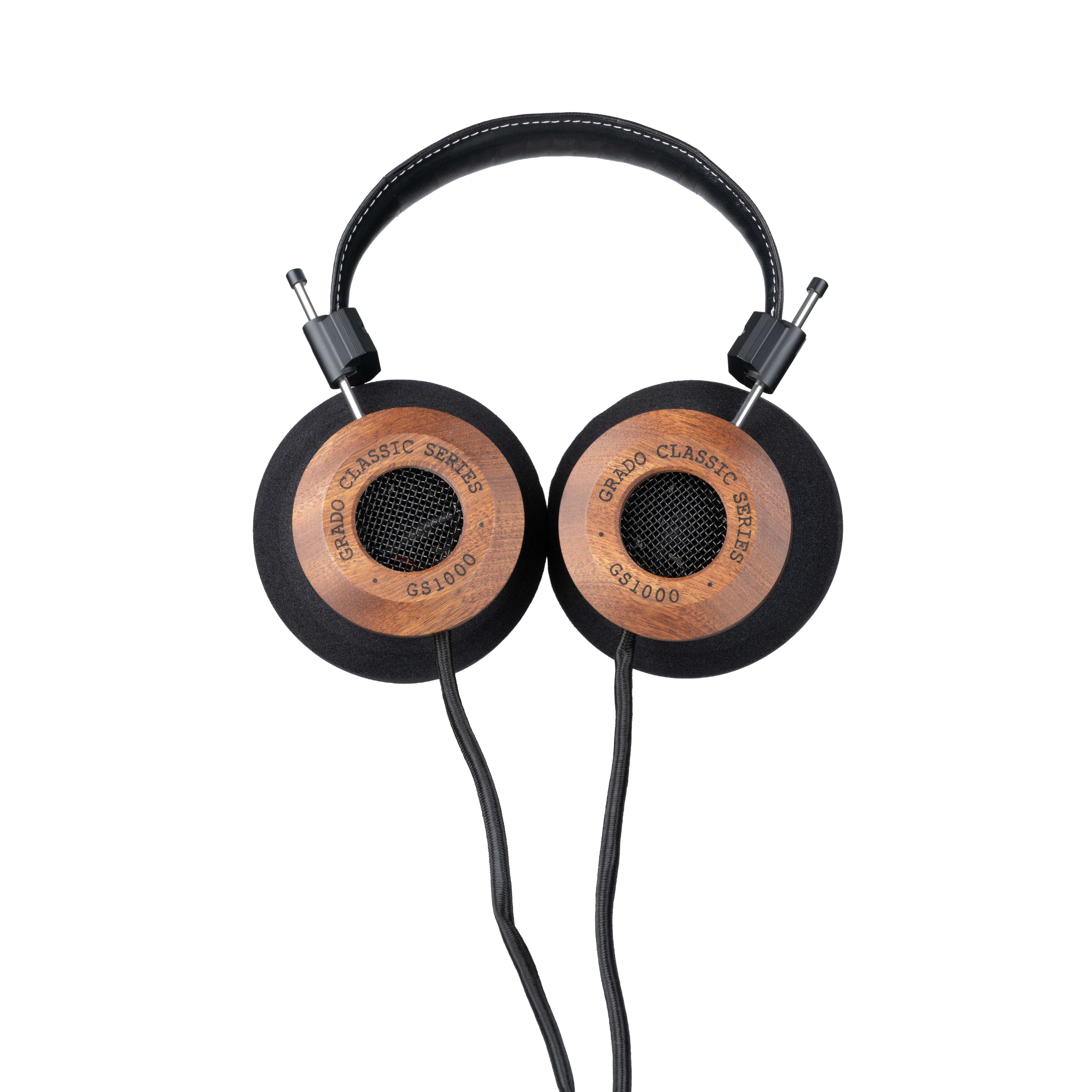 Photo of Grado GS1000 Headphones on a white background taken from the top - both the left and right ear cups can be seen and have the words - Grado Classic Series - GS1000 on them.
