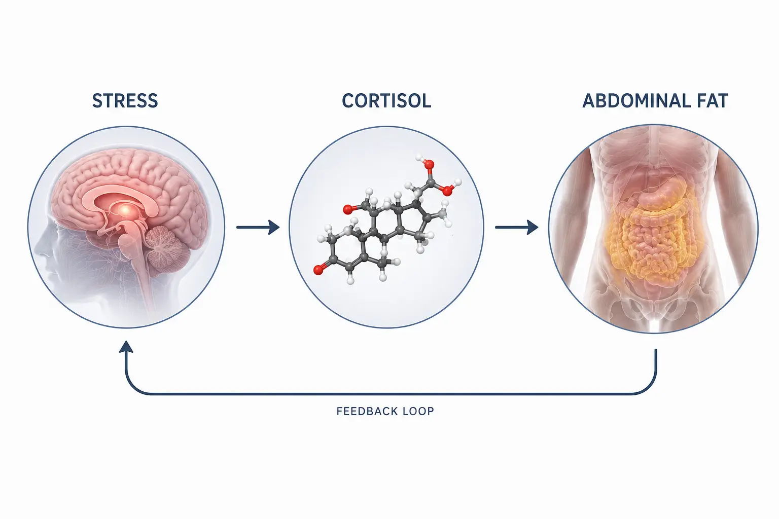 Diagram showing the relationship between stress, cortisol, and abdominal fat.
