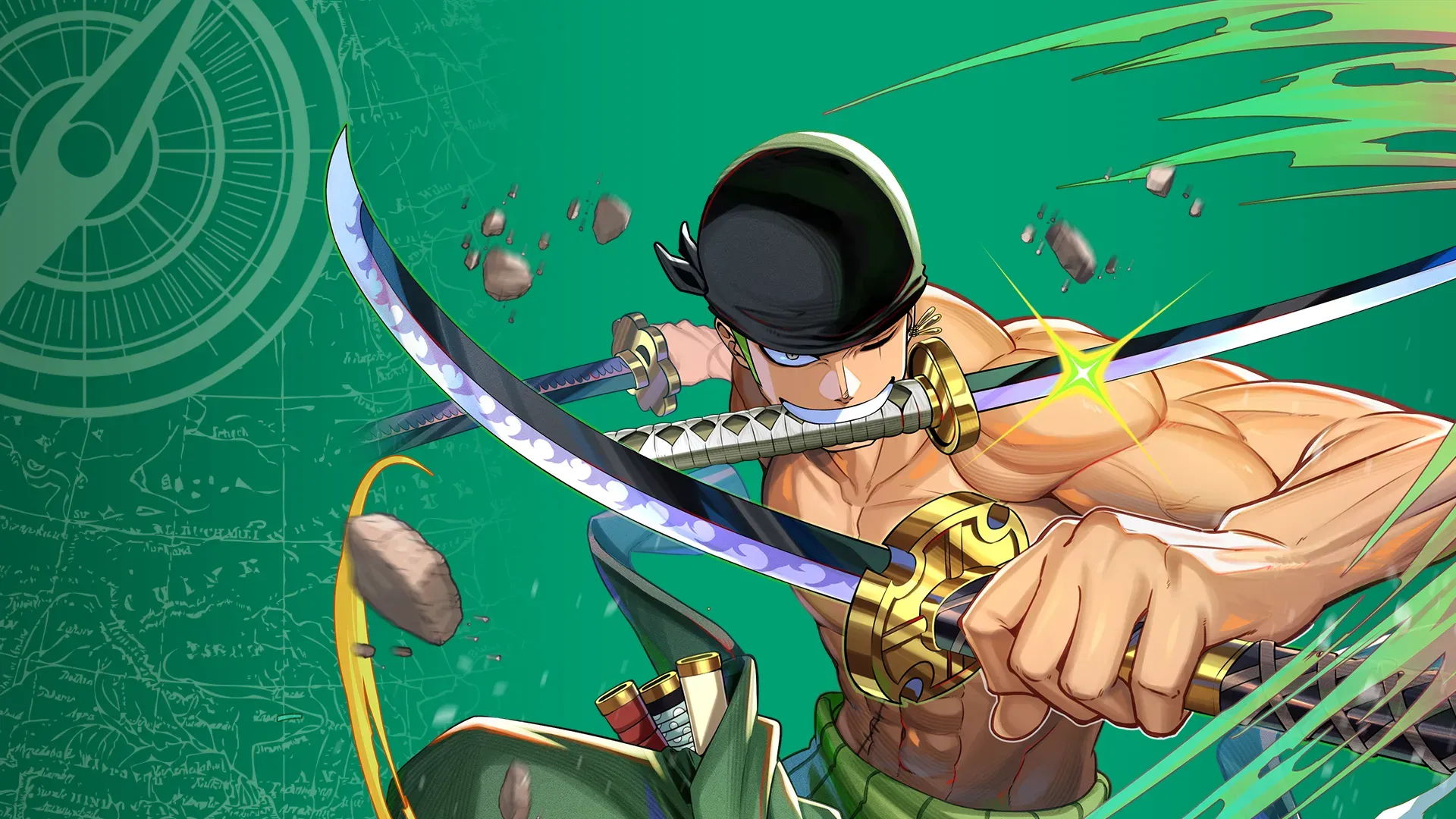 one piece card game rules - A muscular warrior wielding a sword against a vibrant green background.