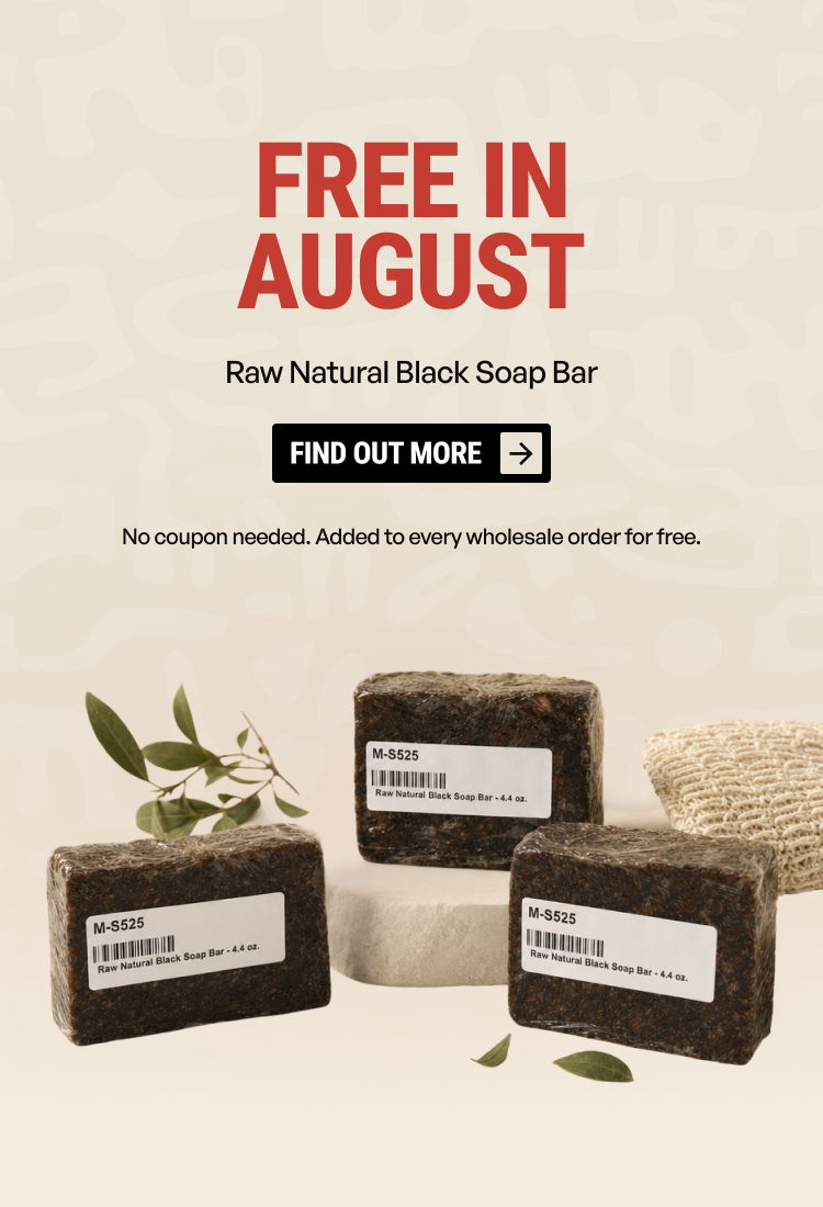 Three raw natural black soap bars with promotional text for August.