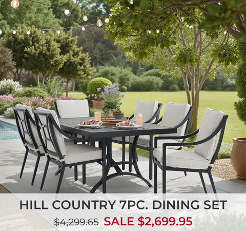Hill Country 7-piece dining set in outdoor setting with price details.