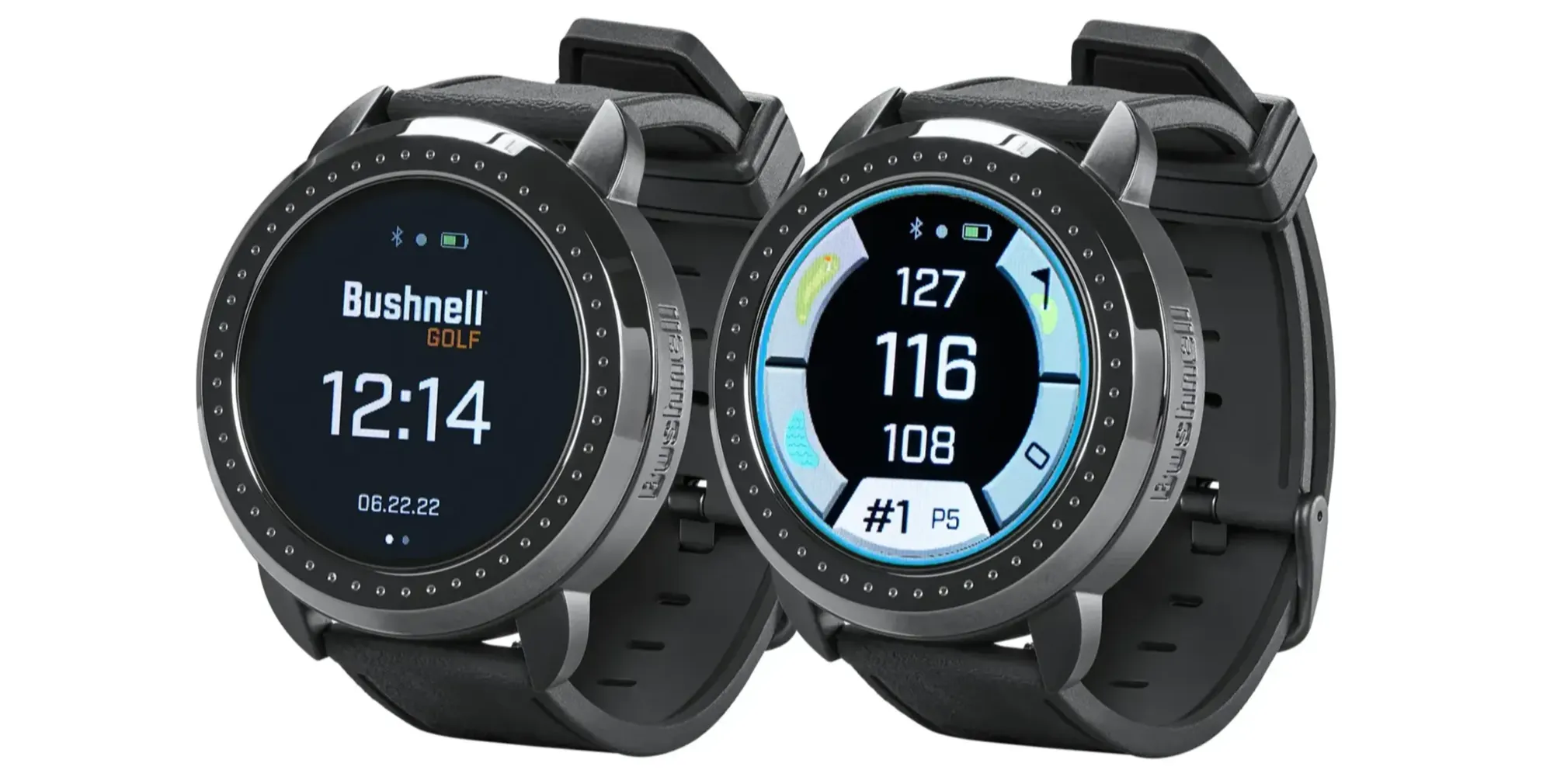 2 Bushnell iON Elite golf GPS watches with time watch face and distances on display 