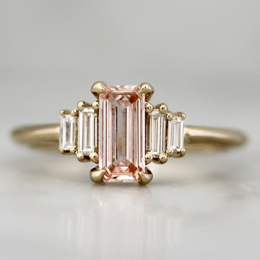 Emerald cut pink lab diamond ring with baguette side diamonds