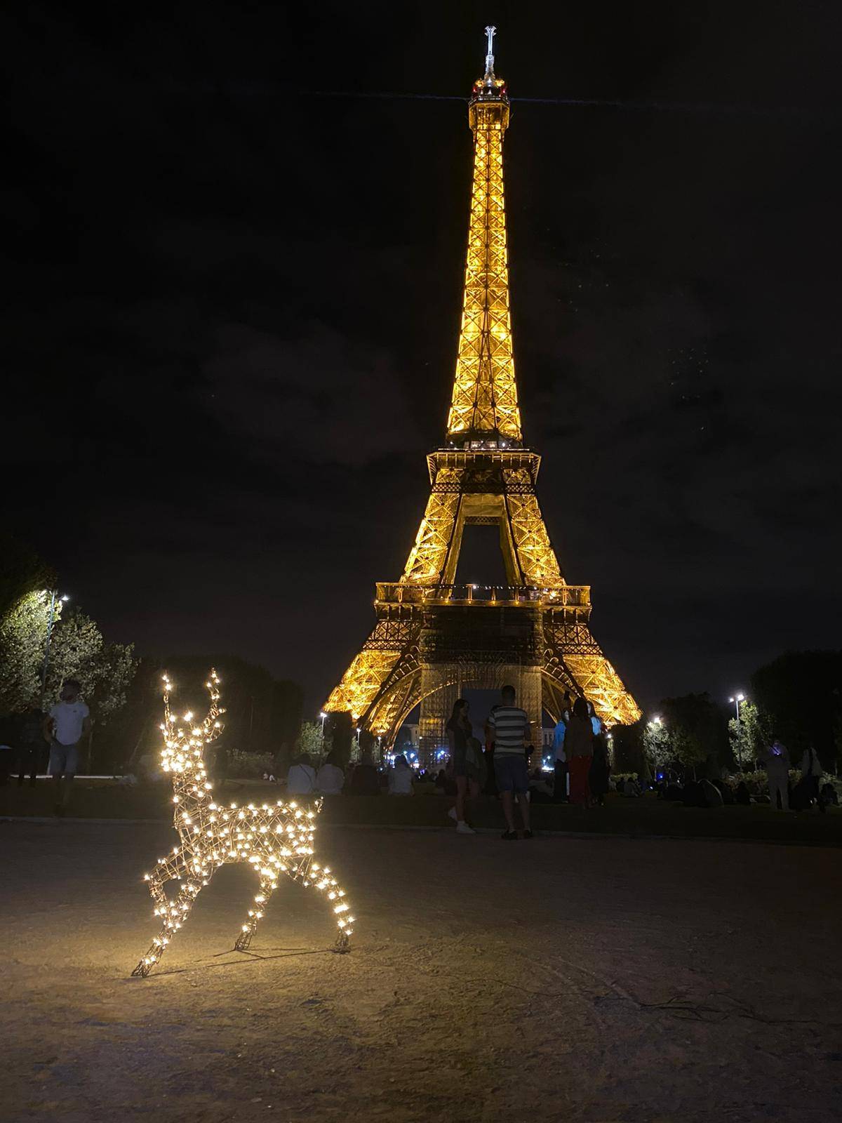 Stag light up reindeer in front of the Eiffel Tower at night.