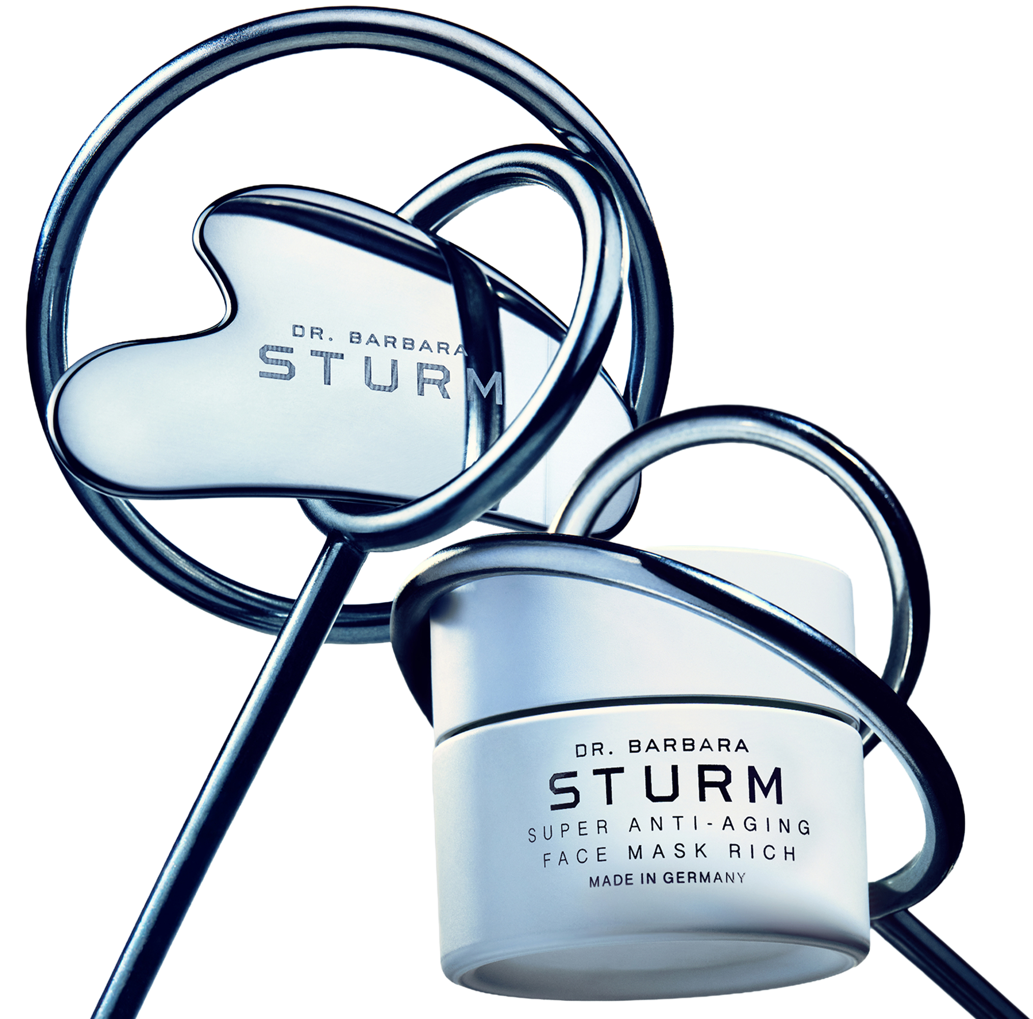 Cream jar with a blue outline and logo, accompanied by a curved line design.