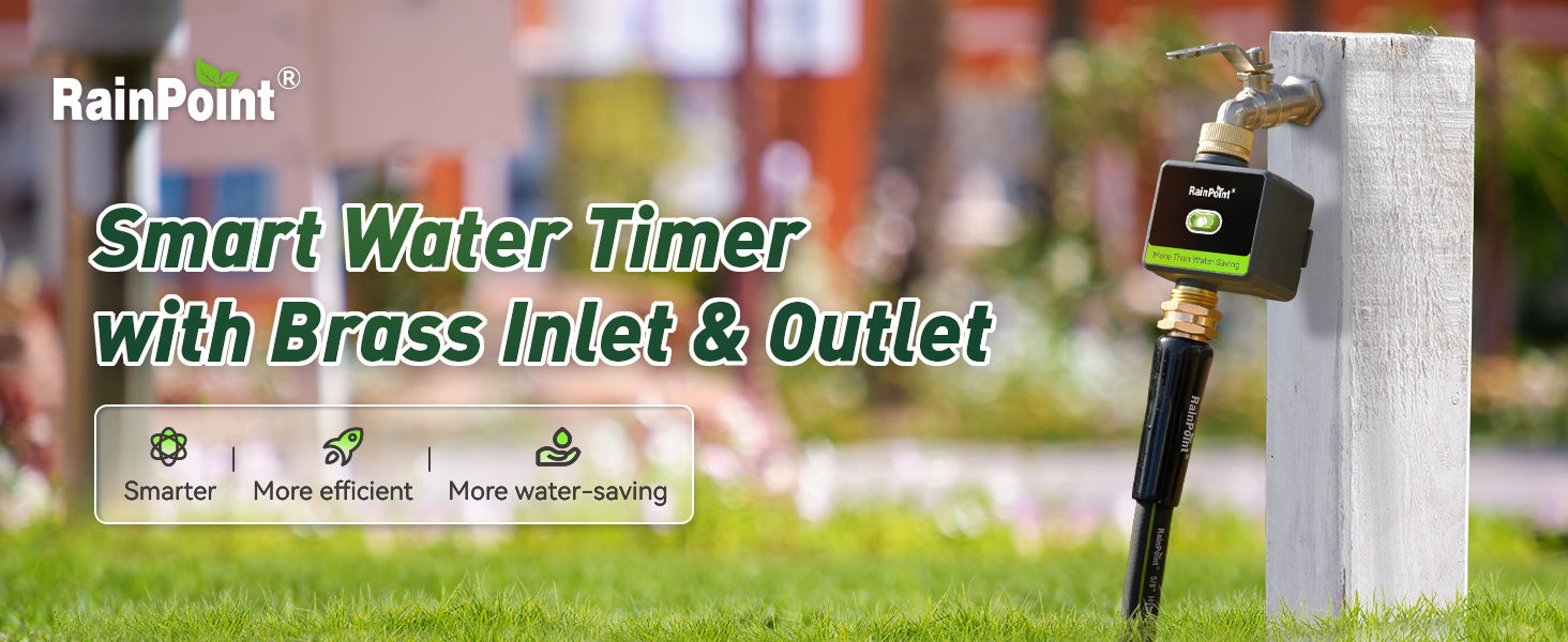 Smart water timer with brass inlet and outlet for efficient watering.
