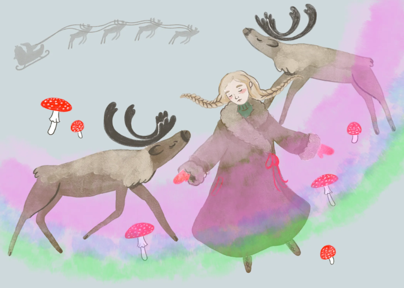 a girl dancing with reindeer amongst amanita muscaria mushrooms