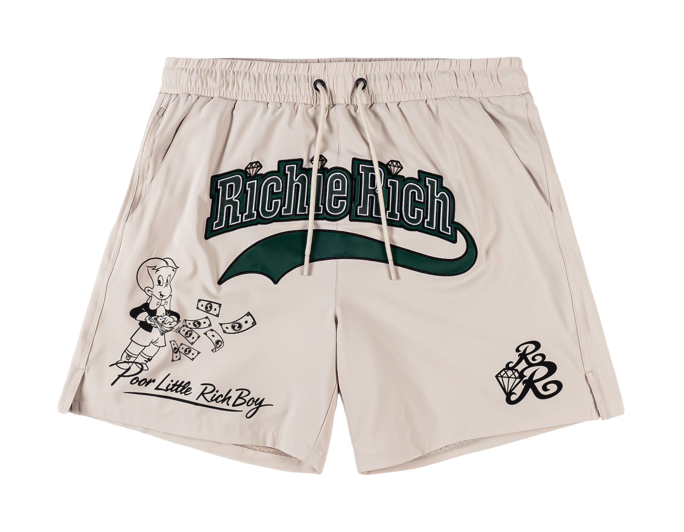 Beige swim shorts with graphic designs and text.