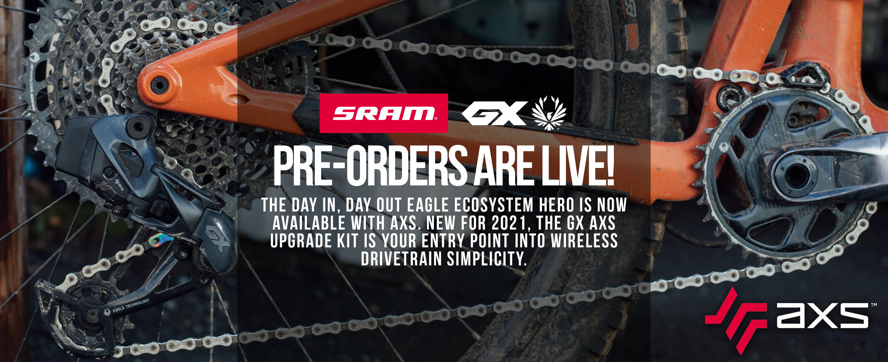 sram gx axs preorder banner with a gx eagle axs groupset on display