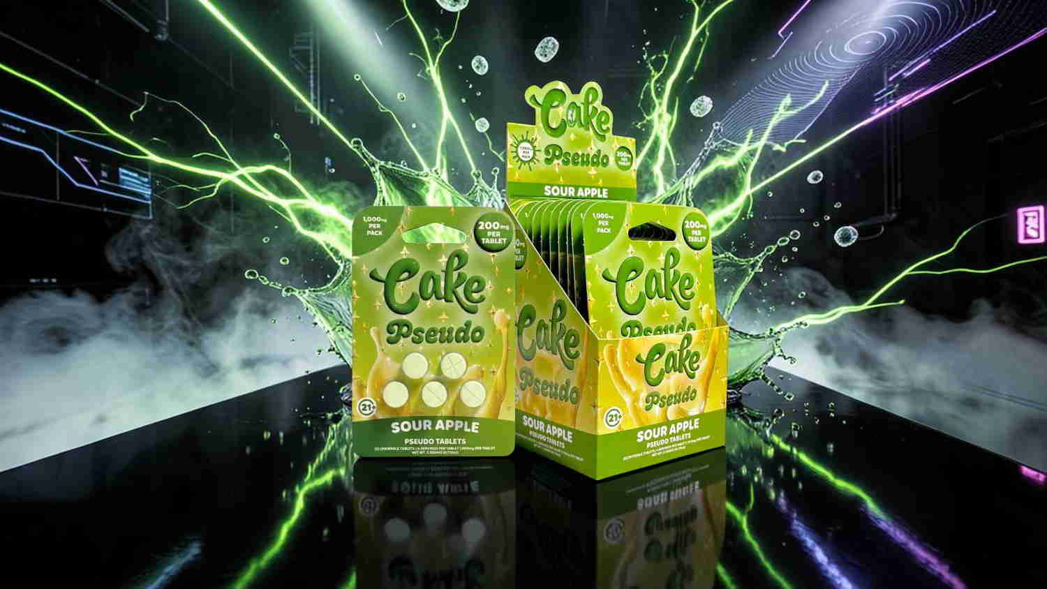 Two green product boxes with lightning effects and smoke in the background.