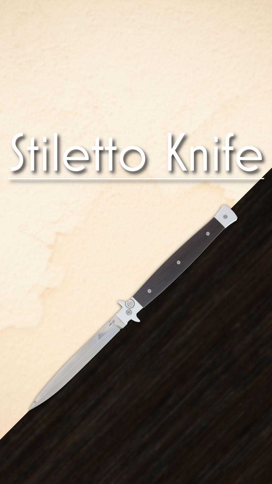 Stiletto knife against a light background with text above.