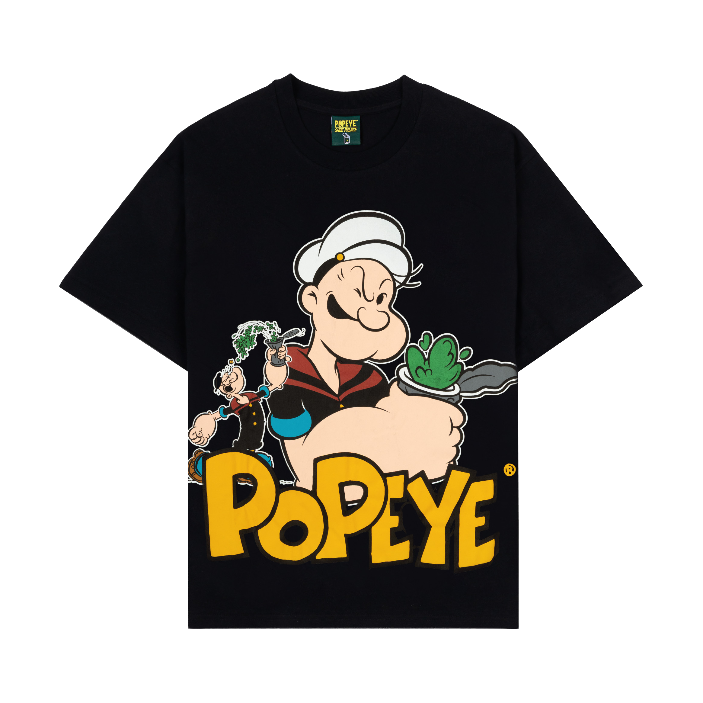 Black t-shirt featuring Popeye and characters from the cartoon.