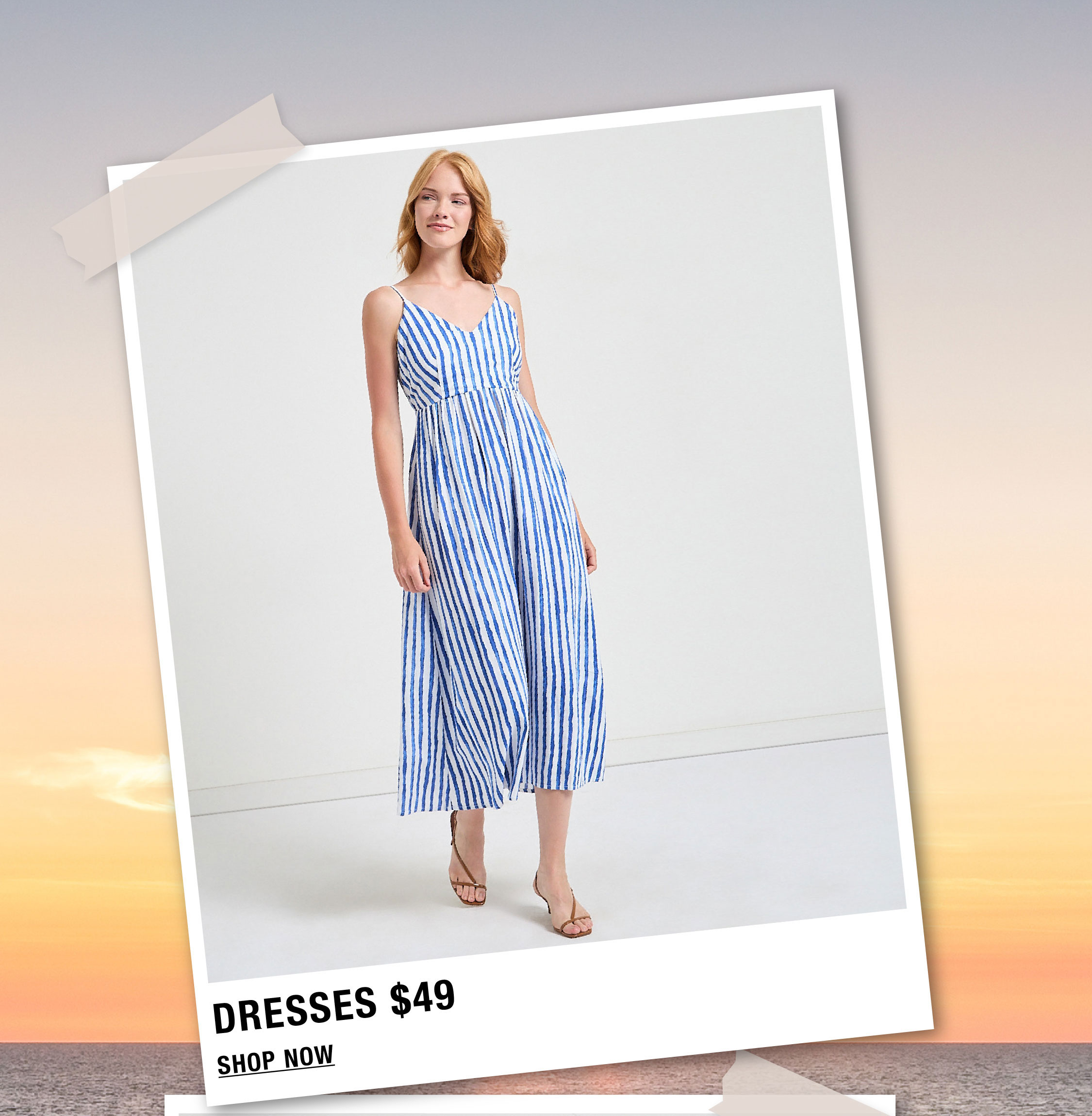 Woman in a blue striped dress promoting $49 dresses. Shop now.