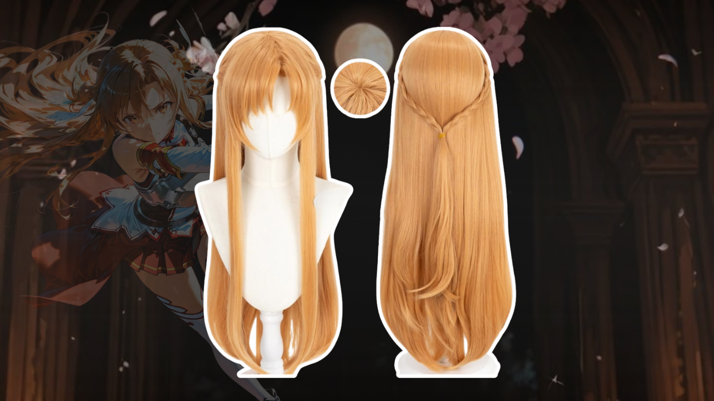 Asuna Yuuki cosplay wig and hairstyling, long chestnut auburn wig with center part, subtle face-framing layers, and twin side braids styled for Sword Art Online anime character look.