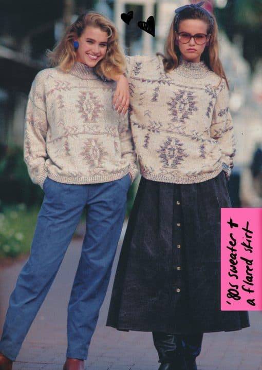 Woman, girl in 1980s style clothes, sweater, skirt and leggings