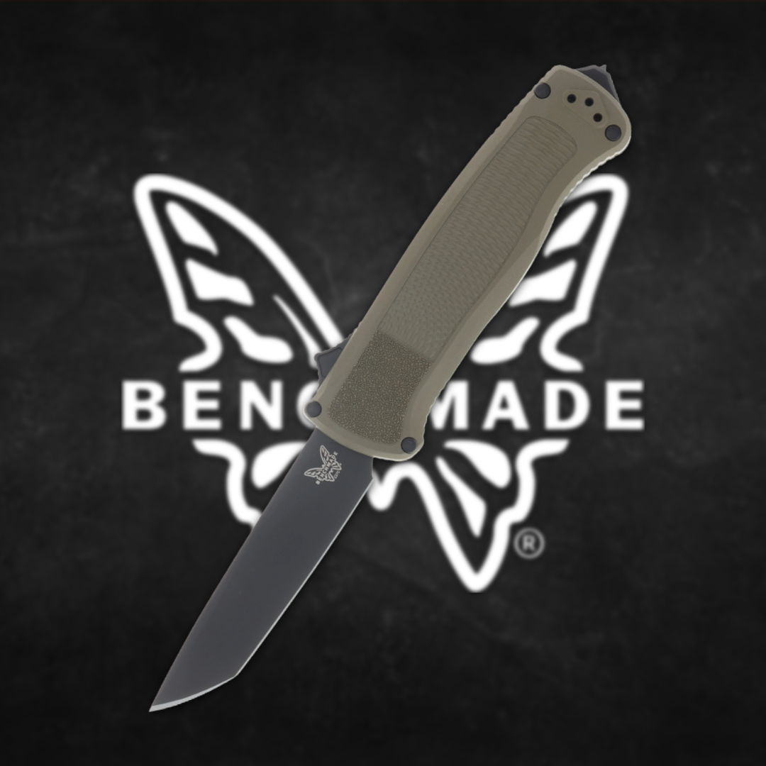 A knife with a black blade and gray handle against a logo background.